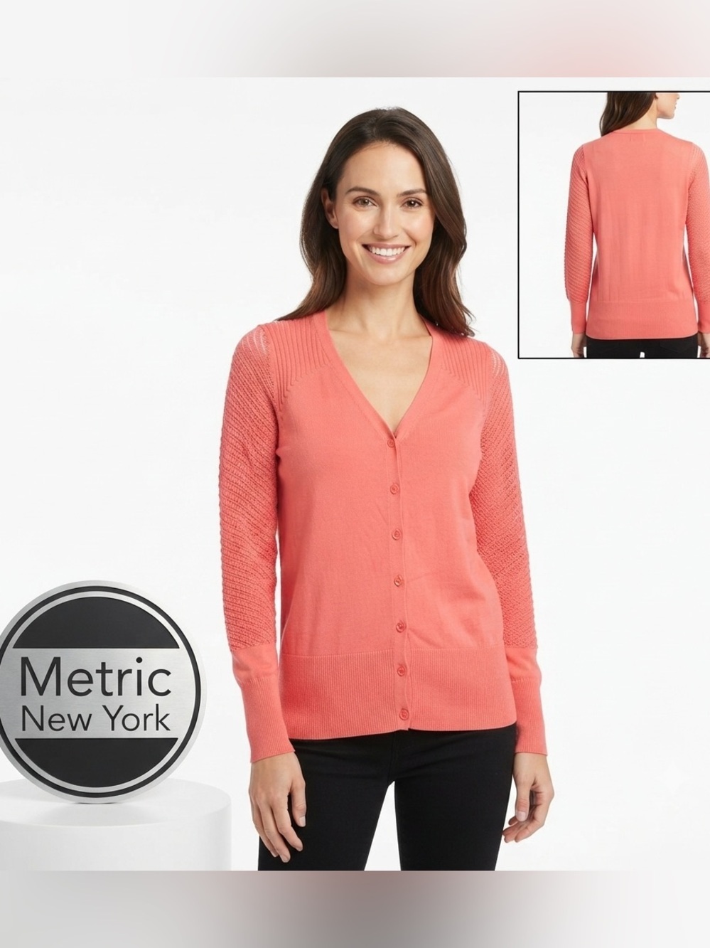 Metric New York Coral V-Neck Button Down Sheer Sleeve Cardigan NWT Small